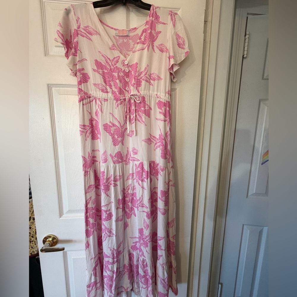 Floral Maxi Dress pink tropical tiered size L flutter sleeves - Picture 3 of 12